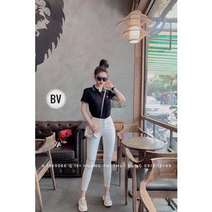 Quần jean trắng rách đùi và trơn, Quần bò cạp cao co giãn