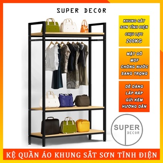 Kệ treo quần áo 2 ngăn khung sắt sơn tĩnh điện, lắp ráp thuận tiện đa năng, sàn gỗ melamin sang trọng rộng 1m-1,2m-1,5m