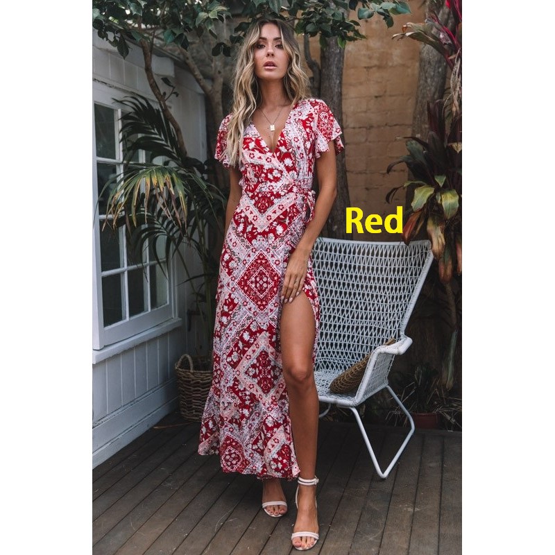 Đầm xẻ tà ngắn tay phối hoa văn Vintage cho nữ | BigBuy360 - bigbuy360.vn