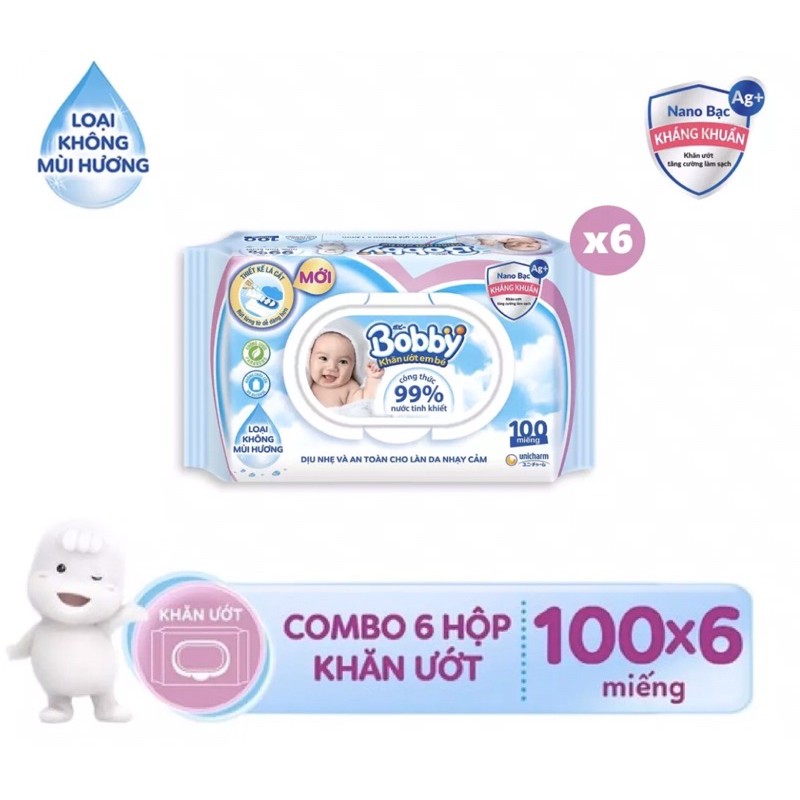 Combo 6 gói khăn ướt Bobby care nano bạc kháng khuẩn 100 tờ không mùi