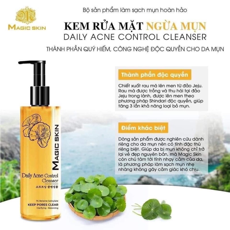 Bộ Sản Phẩm Ngừa Mụn DAILY ACNE CONTROL CLEANSER+TONER MAGICSKIN từ rau má
