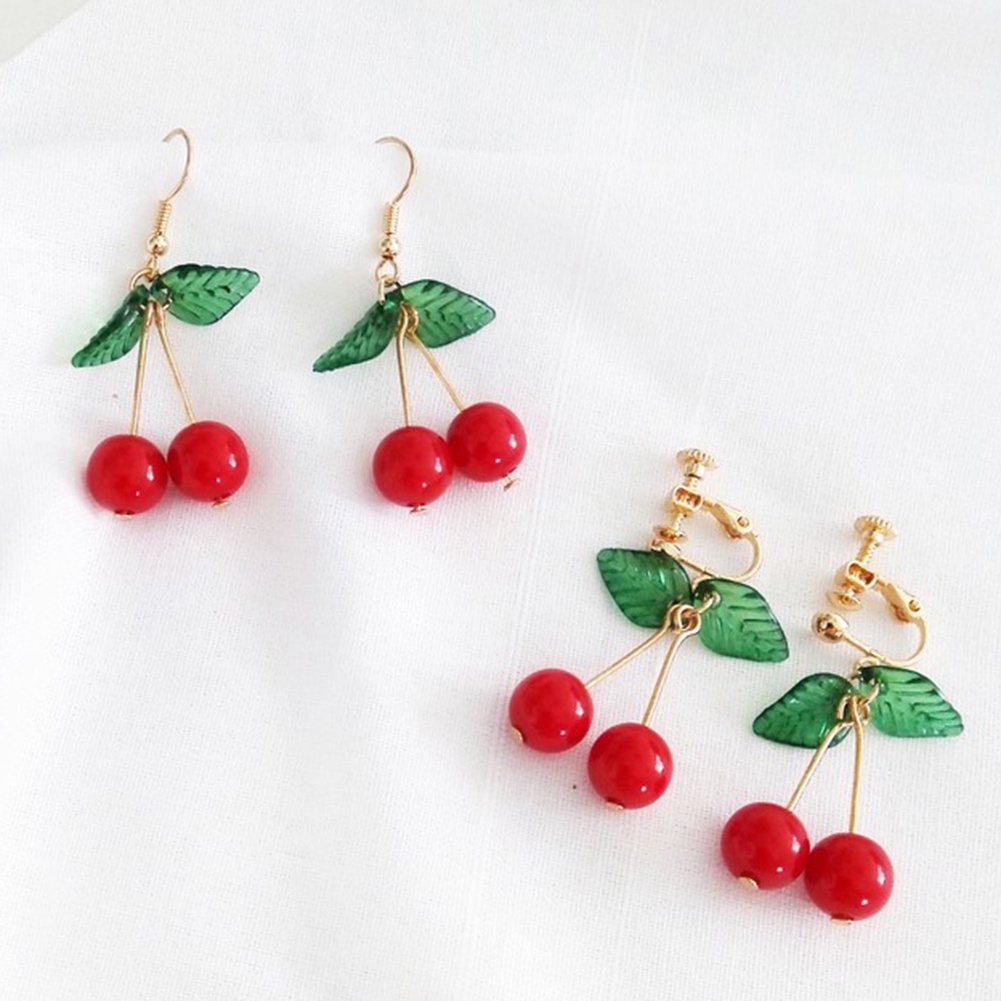 Bông Tai Móc Hình Quả Cherry Đỏ / Lá Xanh Ngọt Ngào Cho Nữ