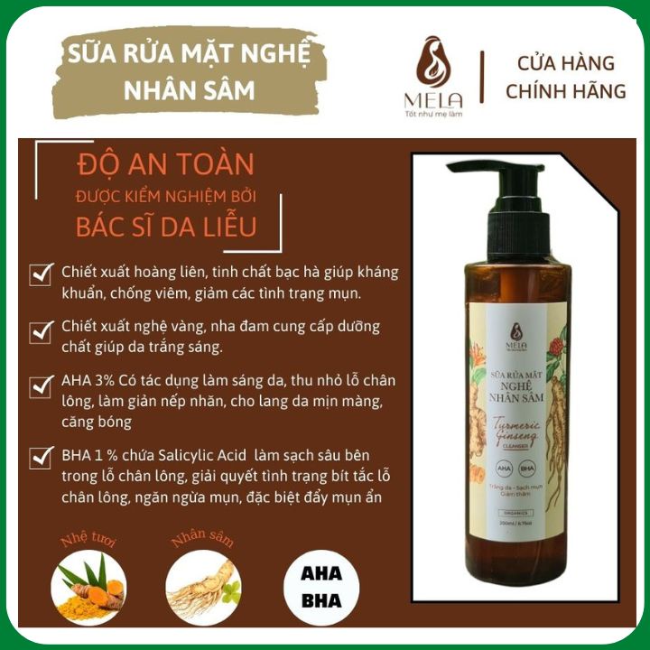 Sữa rửa mặt Mela chai 200ml, Sữa rửa mặt nghệ nhân sâm làm sáng da,giảm mụn,ngừa thâm Mela