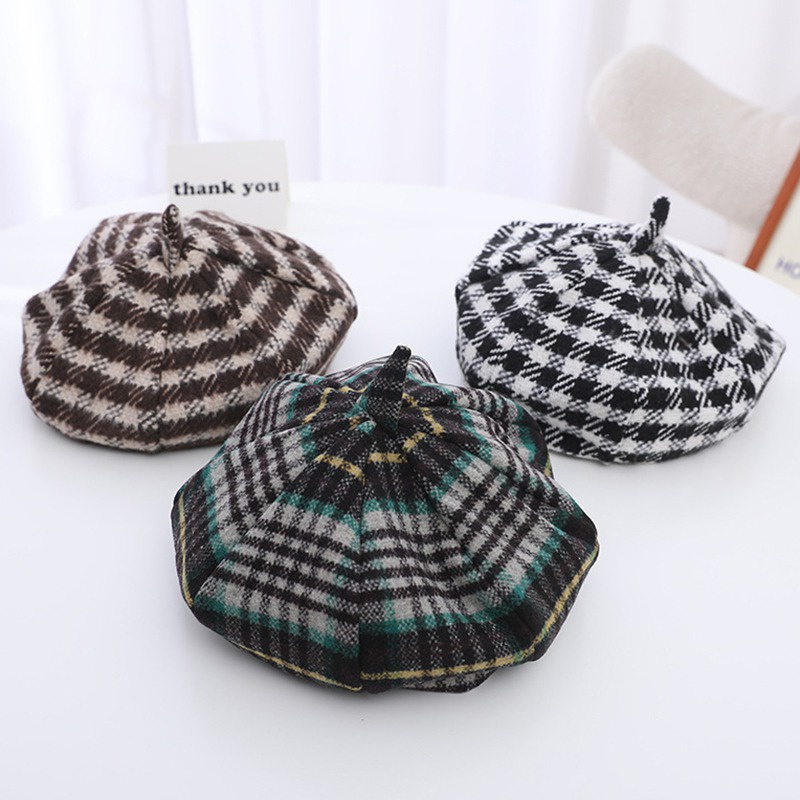 Nón Beret Len Họa Tiết Ca Rô Phong Cách Anh Quốc Thời Trang Dành Cho Các Bé