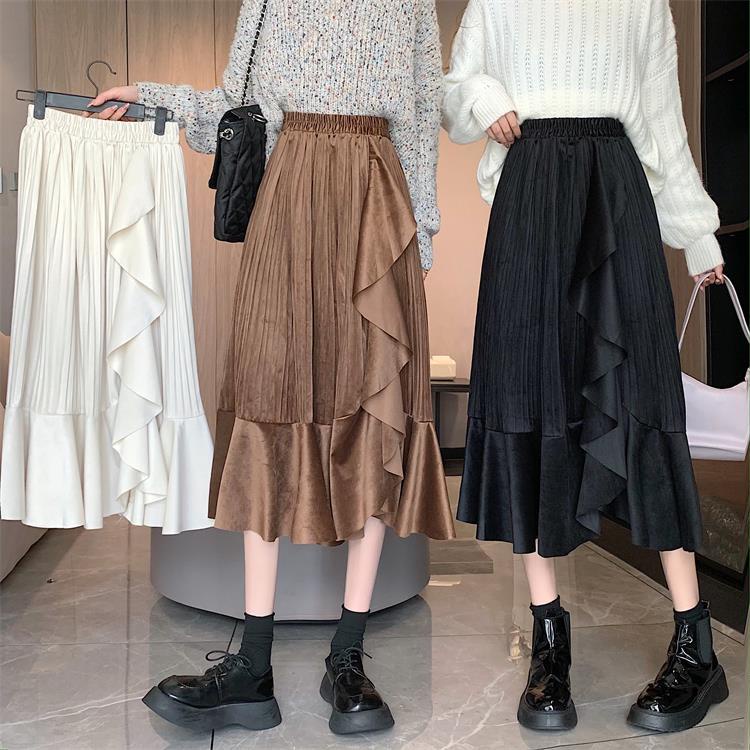 Chân Váy Nhung Xòe Xếp Ly Lệch Tà Thời Trang Mùa Đông Kiểu Mới Cho Nữ