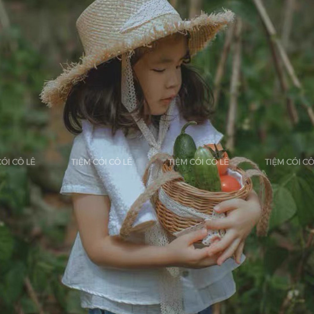 Túi mây tròn nơ ren xách tay vintage, phụ kiện thời trang đi biển, chụp ảnh - Tiệm Cói Cô Lê