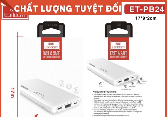 Pin dự phòng 6.000 mAh - HÃNG EARLDOM PB-24- BH 12 THÁNG