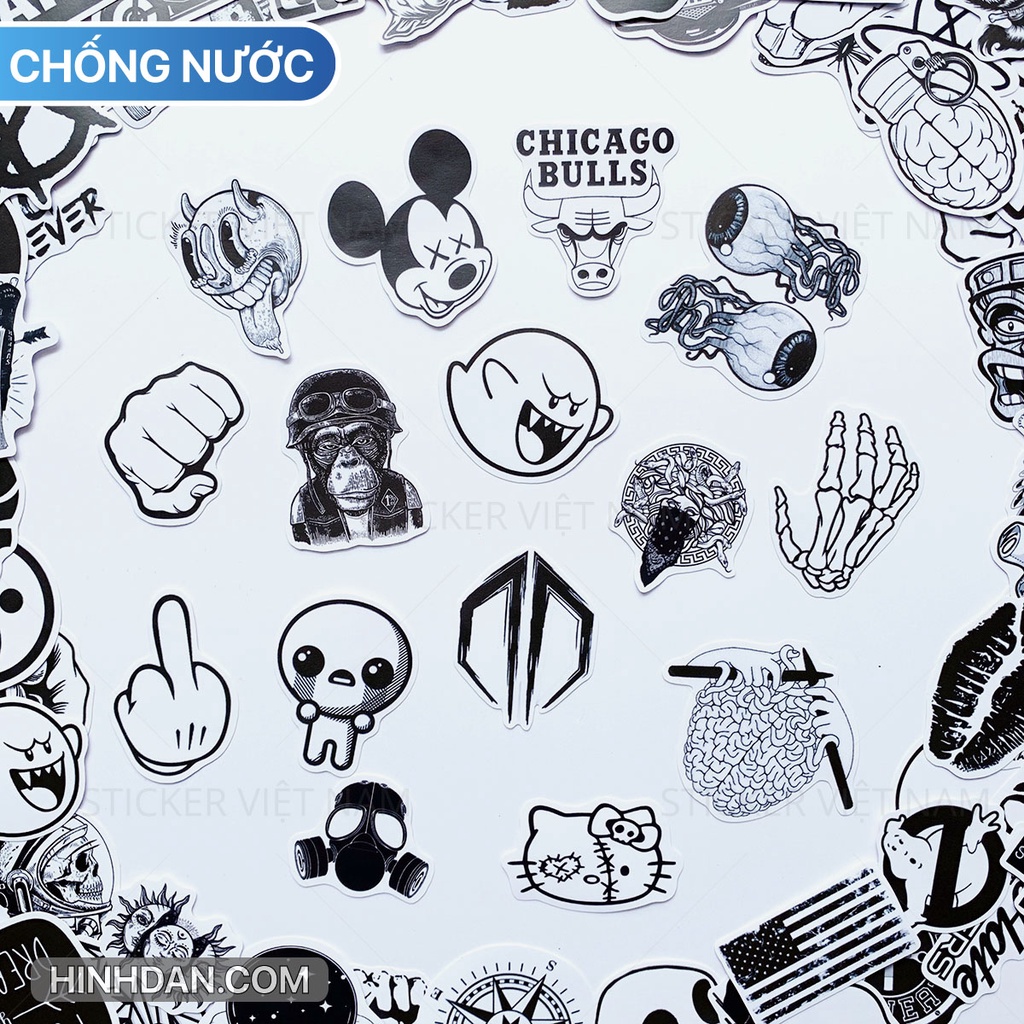 Sticker TRẮNG ĐEN - Black White ngầu Chống Nước Trang Trí Va Li, Xe, Laptop, Nón Bảo Hiểm, đàn guitar