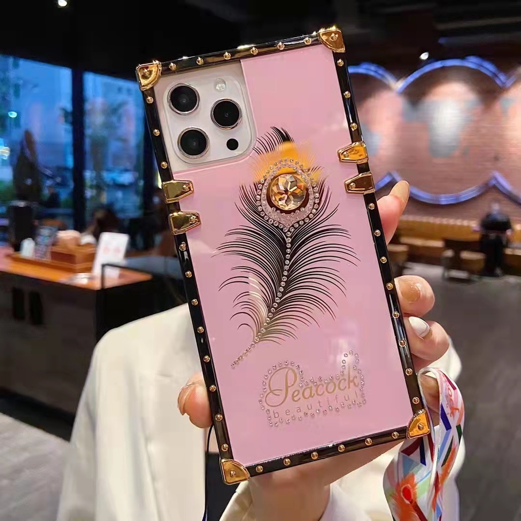 Ốp Điện Thoại Hình Vuông Họa Tiết Lông Vũ + Dây Đeo Sang Trọng Cho IPhone 13 12 11 Pro Max Xs XR 6 6s 8 7Plus