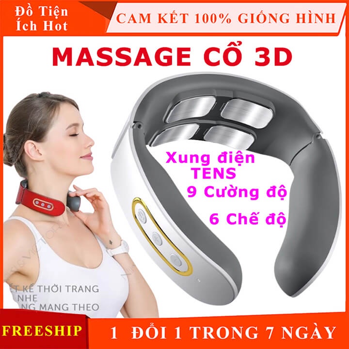 Máy massage cổ vai gáy 3D ứng dụng xung điện với 4 đầu tiếp xúc, 6 chế độ matxa, 9 mức cường độ, máy mát xa đốt sống cổ