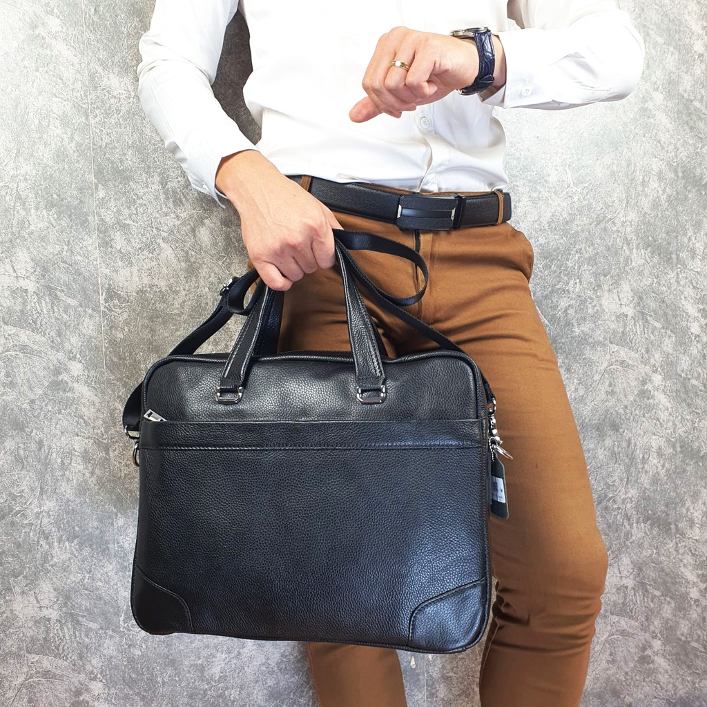 [Da thật] Túi công sở nam nữ; Cặp đựng laptop da bò thật vân mill CD308 (Black) - 100% da bò thật, BH 3 năm | BigBuy360 - bigbuy360.vn