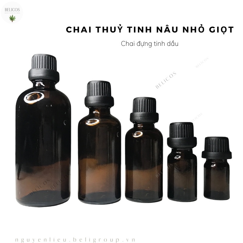 Chai Thuỷ Tinh Đựng Tinh Dầu - Màu nâu, nắp đen, nút nhỏ giọt 5ml/10ml/30ml/50ml/100ml