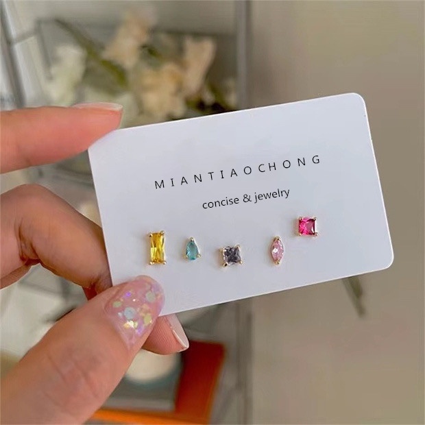 Bông Tai Hình Học Đính Đá Zircon Màu Cầu Vồng Phong Cách Retro Thời Trang