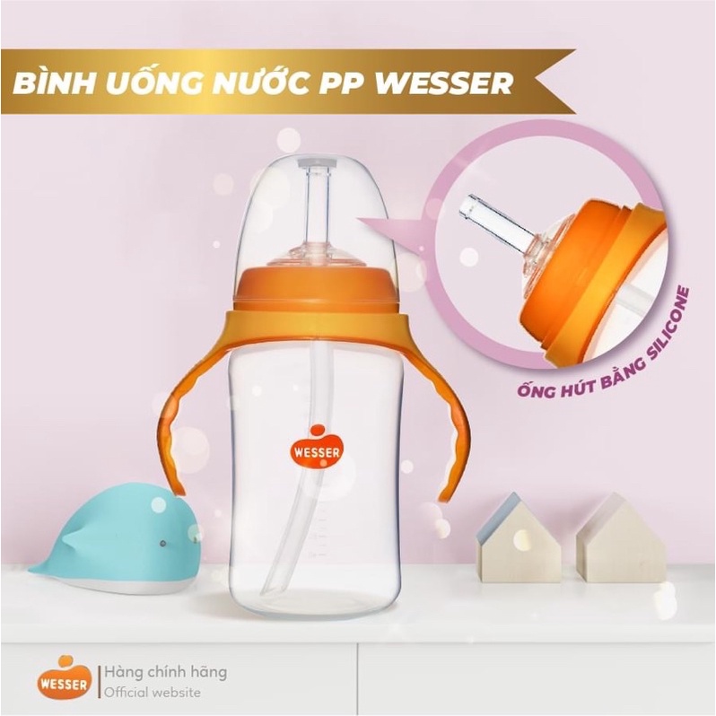 BÌNH SỮA CỔ RỘNG CÓ TAY CẦM KÈM ỐNG HÚT PP WESSER 260ML