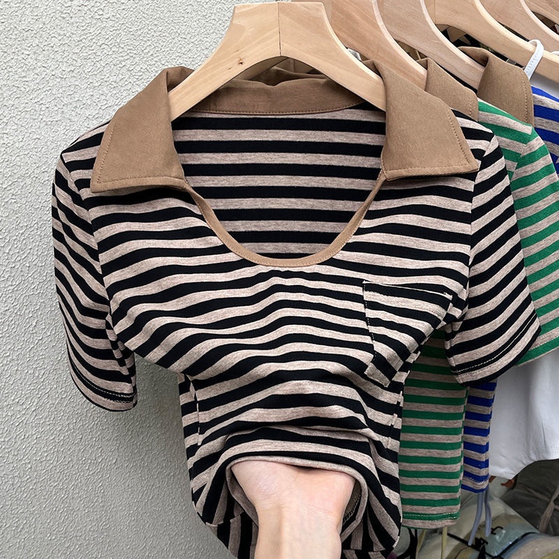 Áo Thun Cotton Cổ Bẻ Kẻ Sọc Thời Trang Cho Nữ