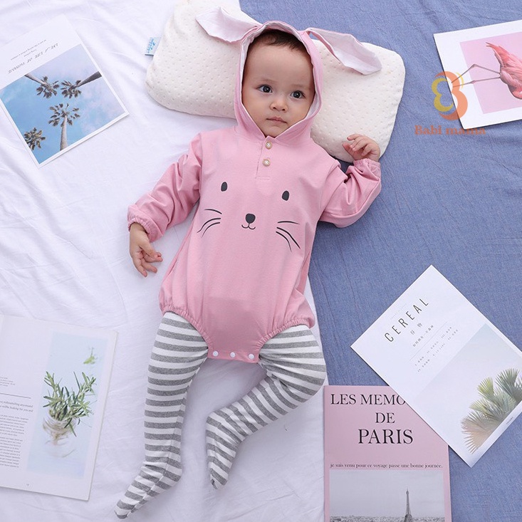 Quần Áo Trẻ Em Sơ Sinh Babi mama Bộ Đồ Bé Gái Body Rời Cotton Dài Tay Mũ Tai Thỏ Size 4-15kg SS06