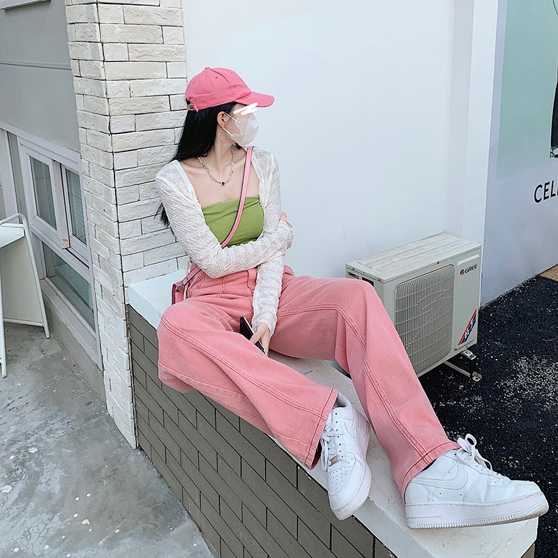 Quần jean ZHELIHANGFEI lưng cao ống rộng phong cách đường phố Mỹ cá tính năng động