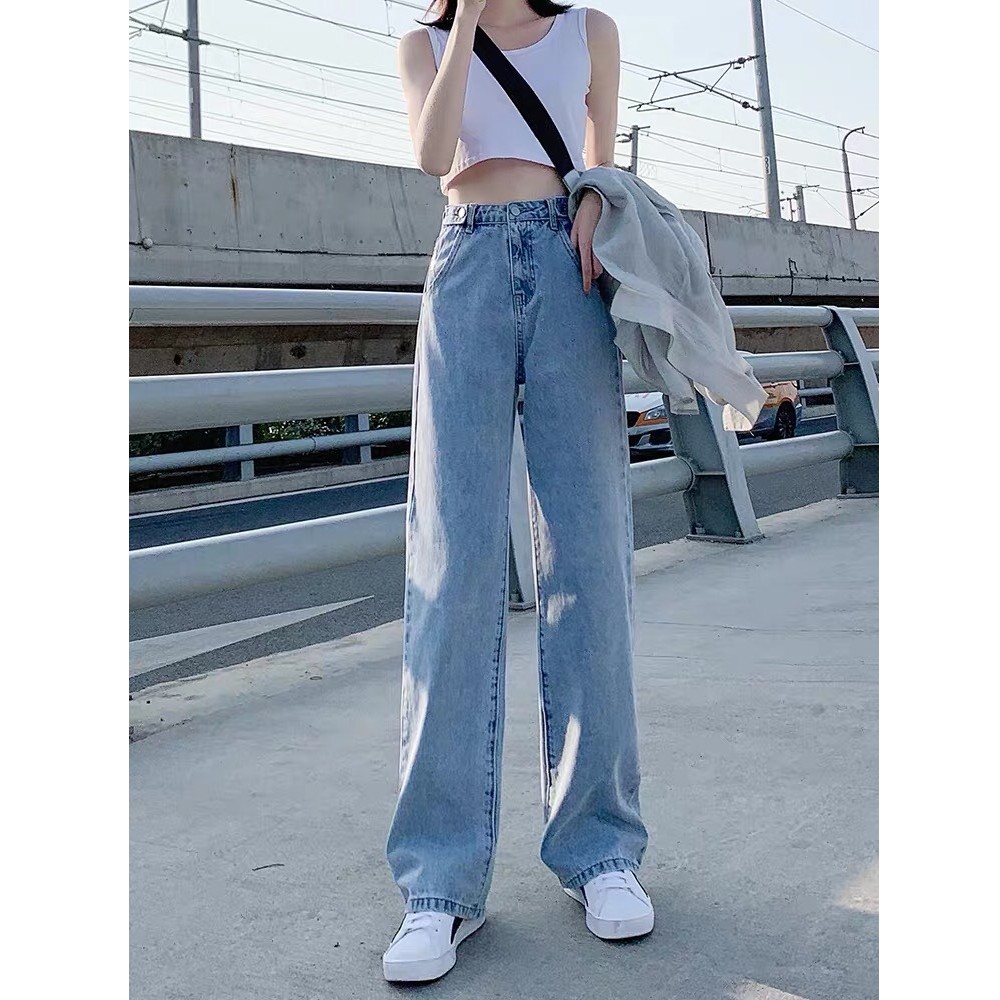 Quần Jeans Nữ Simple Jeans Lưng Cao Dáng Suông Ống Rộng Ulzzang [ Xanh Nhạt