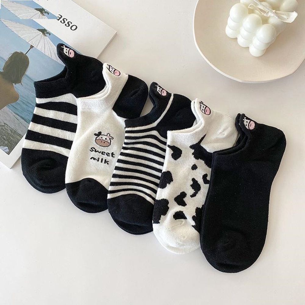 IVORY Fashion Embroidery Panda Socks Cartoon Animals Ankle Socks Women Cotton Socks Female Kawaii Cow Spot Black White Boat Socks 1 Pair Short Heel Socks
