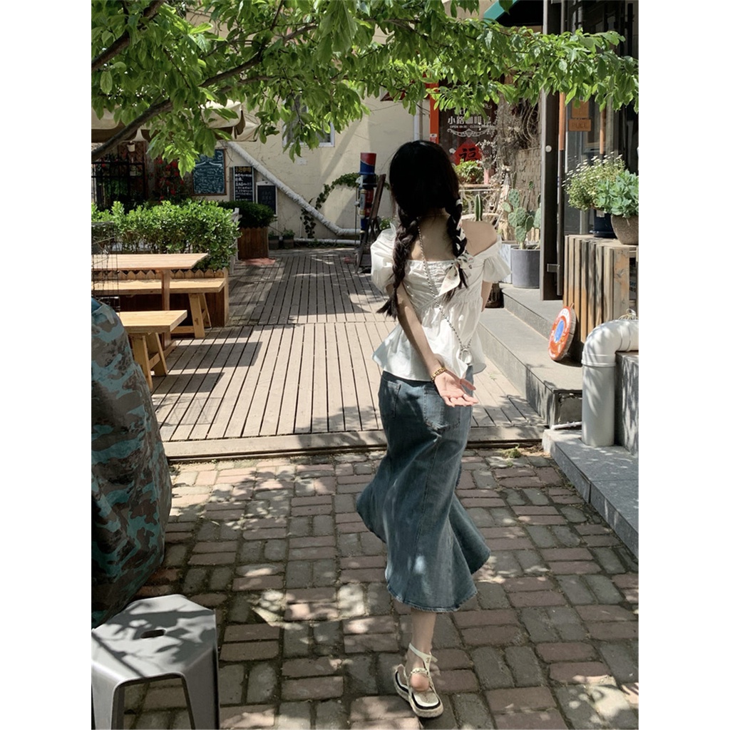 Chân váy jean đuôi cá lưng cao phong cách retro thời trang đáng yêu cho nữ