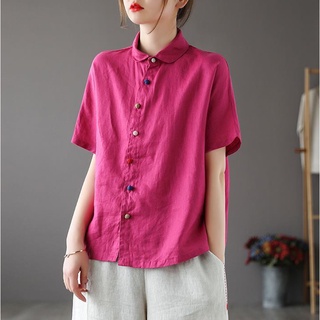 Ice linen cotton linen blouse slant placket color buttons lapel cotton linen short-sleeved T-shirt linen shirt