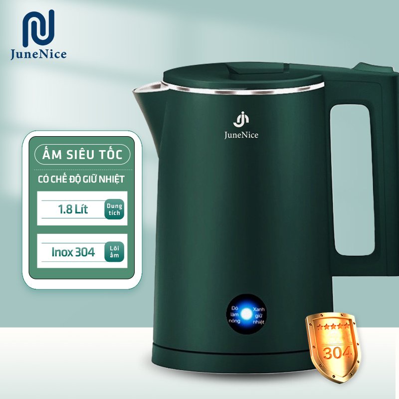 Bình đun nước siêu tốc, ấm siêu tốc 1.8 lít giữ nhiệt và đun, ruột bằng thép không gỉ Inox304 của JN June Nice