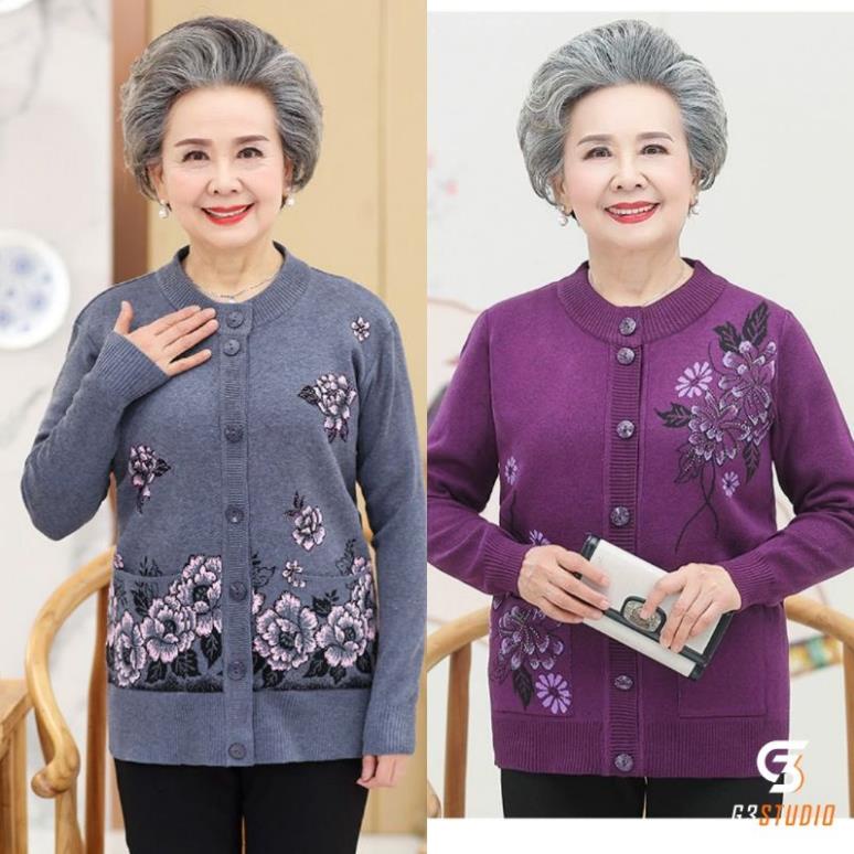 Áo khoác len ấm cho người già cao tuổi_ áo len trung niên cổ bẻ sang trọng cho bà -mn9