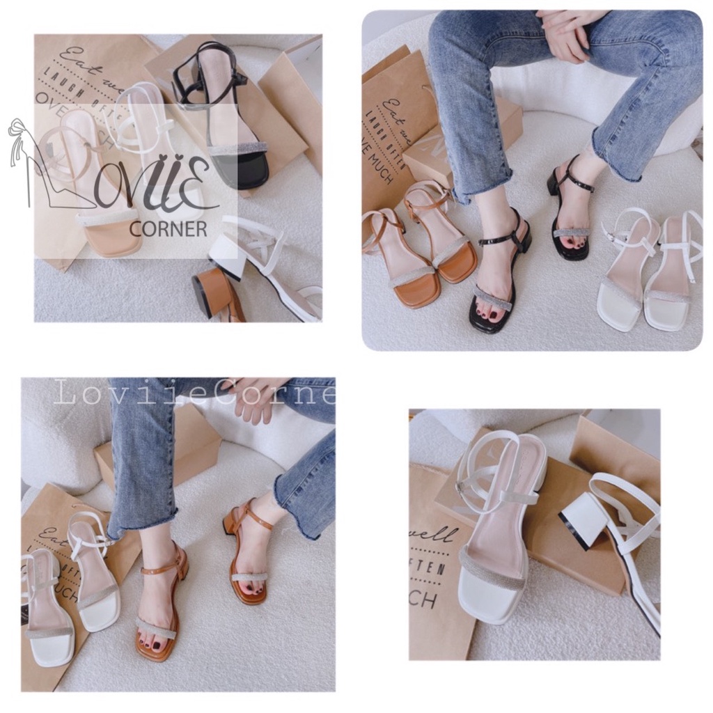 SANDAL CAO GÓT LOVIIECORNER - GUỐC NỮ QUAI NGANG ĐÍNH ĐÁ - GIÀY THỜI TRANG MŨI VUÔNG 5 PHÂN G220920
