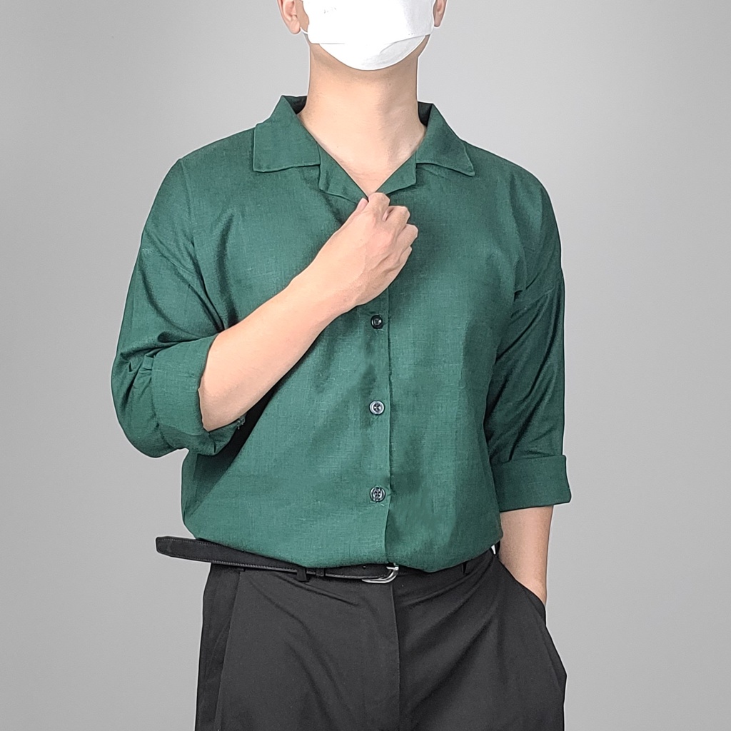 Áo sơ mi nam dài tay cổ cuba, cuban shirt màu xanh hot trend