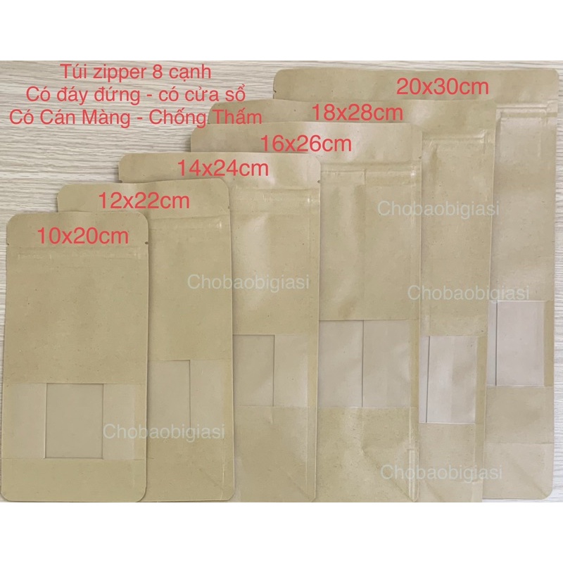 {1kg/ size} Túi zipper giấy Kraft Vàng 8 CẠNH đáy đứng cửa sổ tràn CÁN MÀNG-CHỐNG THẤM NƯỚC (có sẵn 6 size - sp y hình)