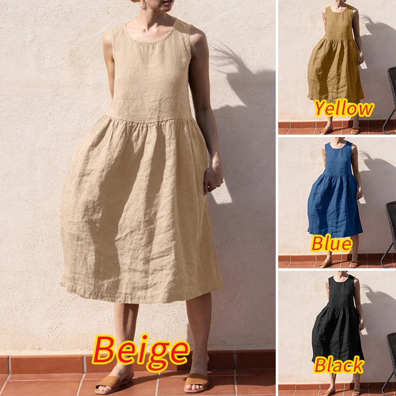 Đầm Dài Không Tay Cổ Tròn Màu Trơn Thời Trang Cho Nữ ZANZEA