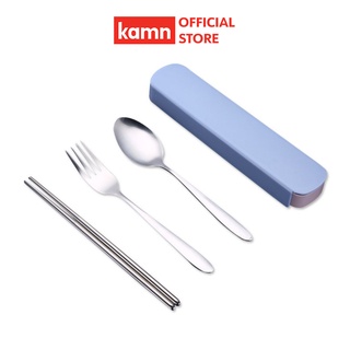 Bộ 3 món muỗng đũa dĩa cá nhân Kamn inox 401, 3 màu, có hộp đựng tiện lợi