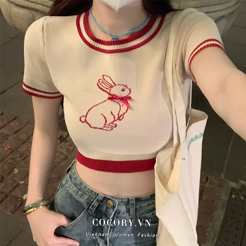 Cocory vn Áo Thun Dệt Kim Tay Ngắn Cổ Tròn Thêu Hình Thỏ Thời Trang Mùa Hè Quyến Rũ Cho Nữ