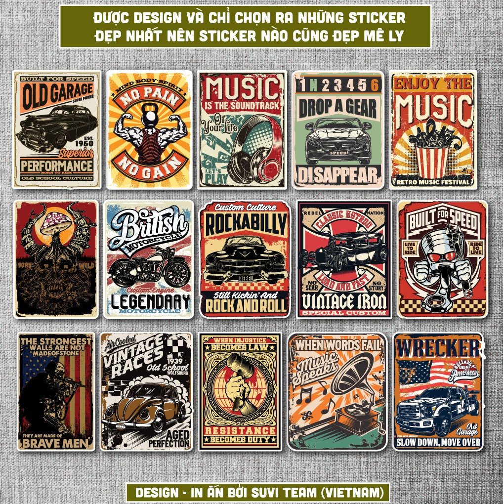 50 Sticker Vintage Retro 5 chống nước sticker dán laptop, điện thoại, đàn guitar, mũ bảo hiểm, vali. MSP:VR05