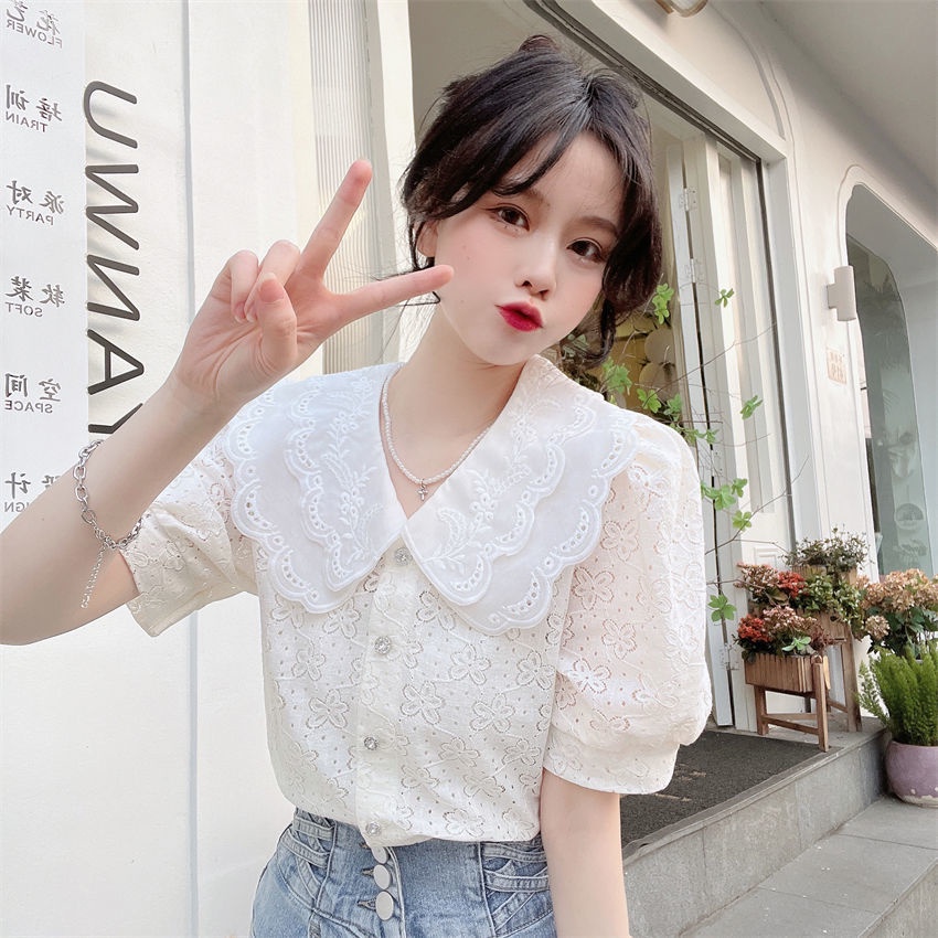 Áo Sơ Mi Tay Ngắn Cổ Búp Bê Phối Ren Thời Trang Mùa Hè Hàn Quốc Cho Nữ