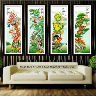 Tranh thêu chữ thập Tứ Quý Tùng Cúc Trúc Mai LV3325 - Kích Thước 31x78cm/1 bức