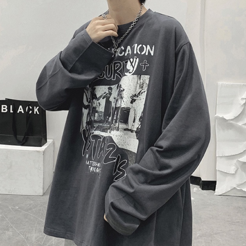 Áo thun tay dài dáng rộng in họa tiết hoạt hình phong cách đường phố Hàn Quốc cho nam size M-5XL