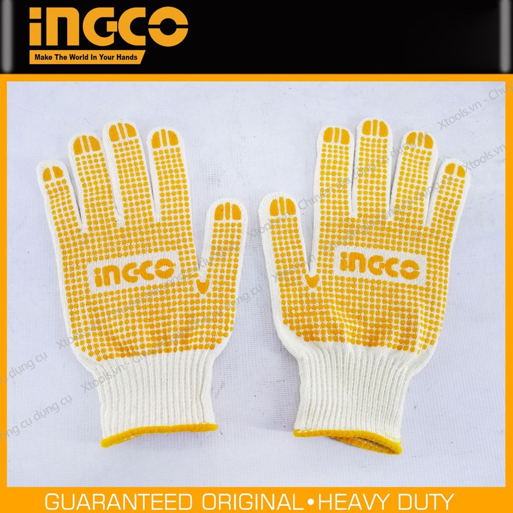 Găng tay bảo hộ lao động dệt kim phủ hạt nhựa PVC INGCO 58g/đôi bao tay cotton thoáng khí chống trơn trượt độ bám cao