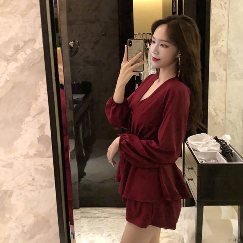 Đầm trơn màu eo cao tay dài thời trang thanh lịch