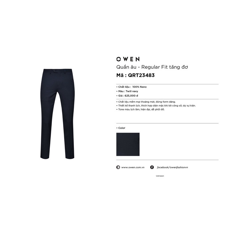 OWEN - Quần âu nam màu navy 100% Nano dáng Regular cạp tăng đơ co dãn 23483