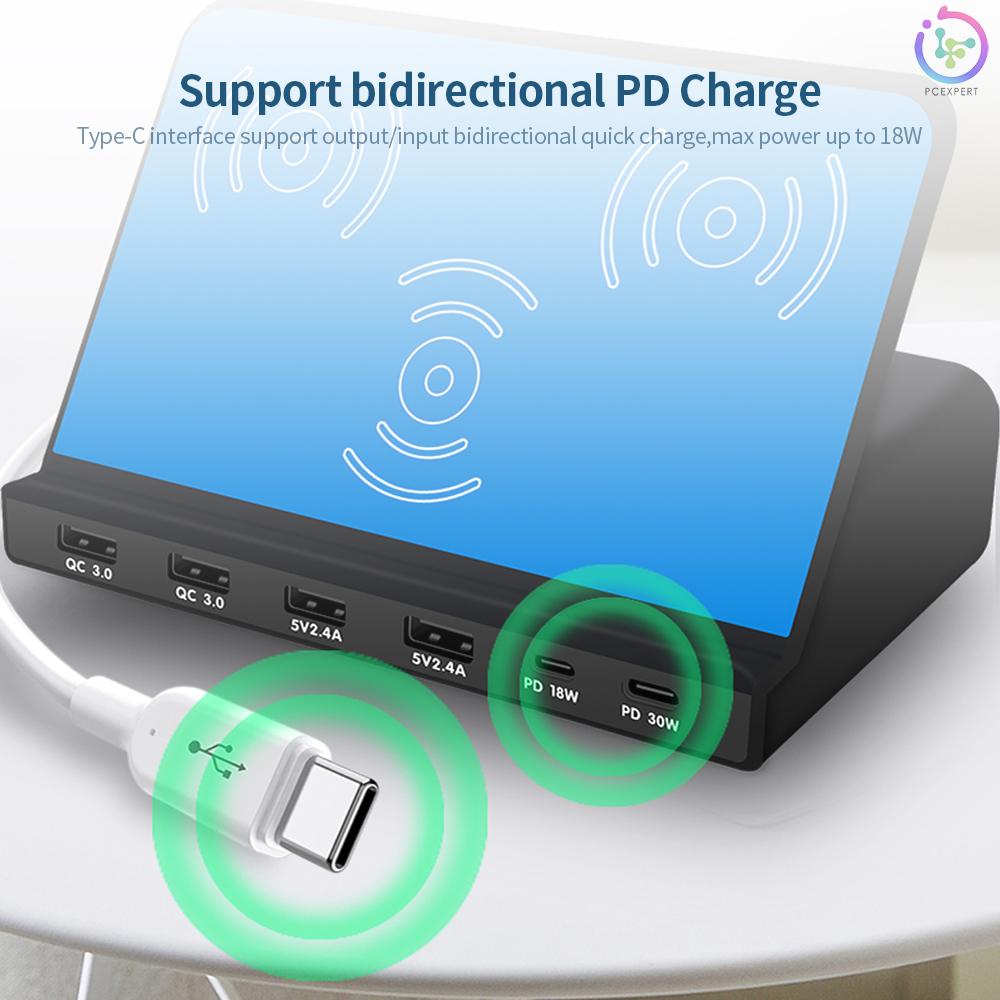 819 6 Port USB Charger Wireless PD+QC3.0 Quick Charge Multifunctional Charger for Mobile Phone/Tablet/Laptop EU Plug