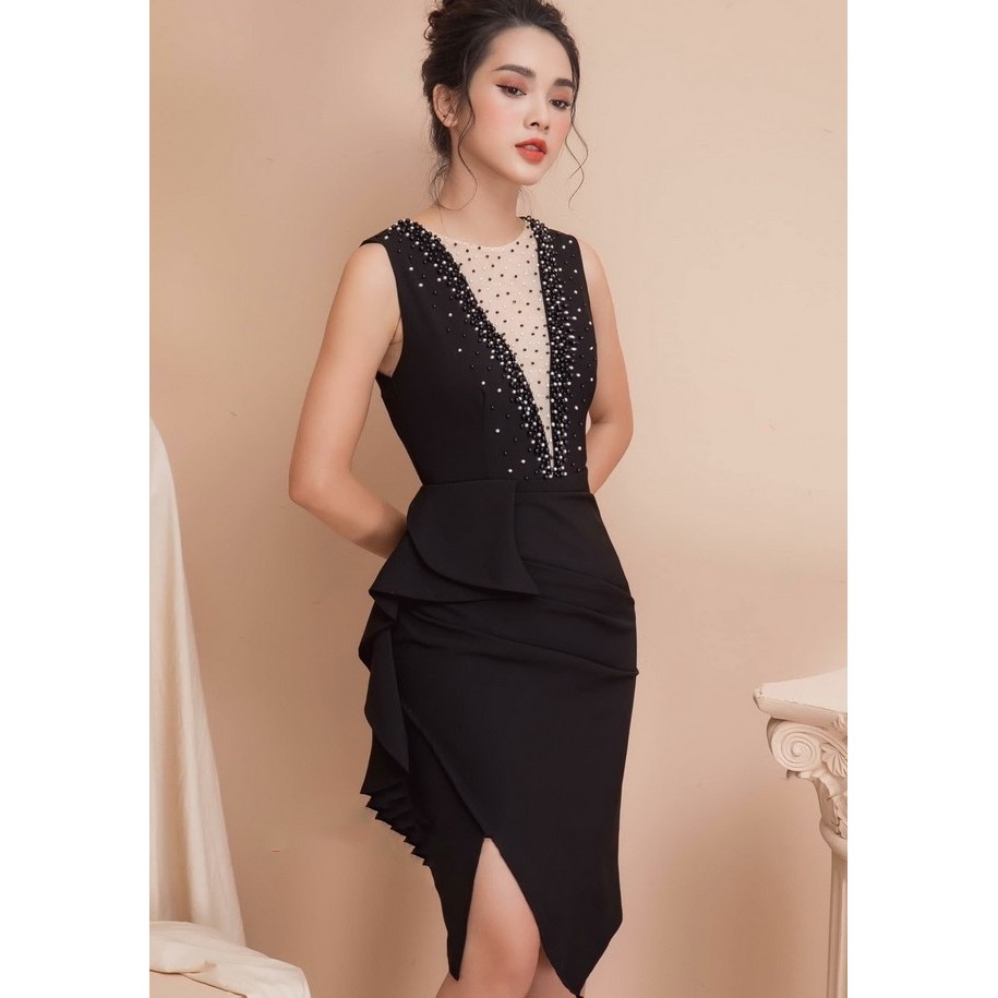 Đầm váy cổ tim phối lưới đính hạt đá 2302 (kèm hình thật - CÓ BIG SIZE)