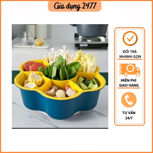 Rổ đựng rau ăn lẩu xoay Rổ đựng trái cây, hoa quả Khay đựng đồ ăn lẩu xoay 7 ngăn hai lớp hình bông hoa
