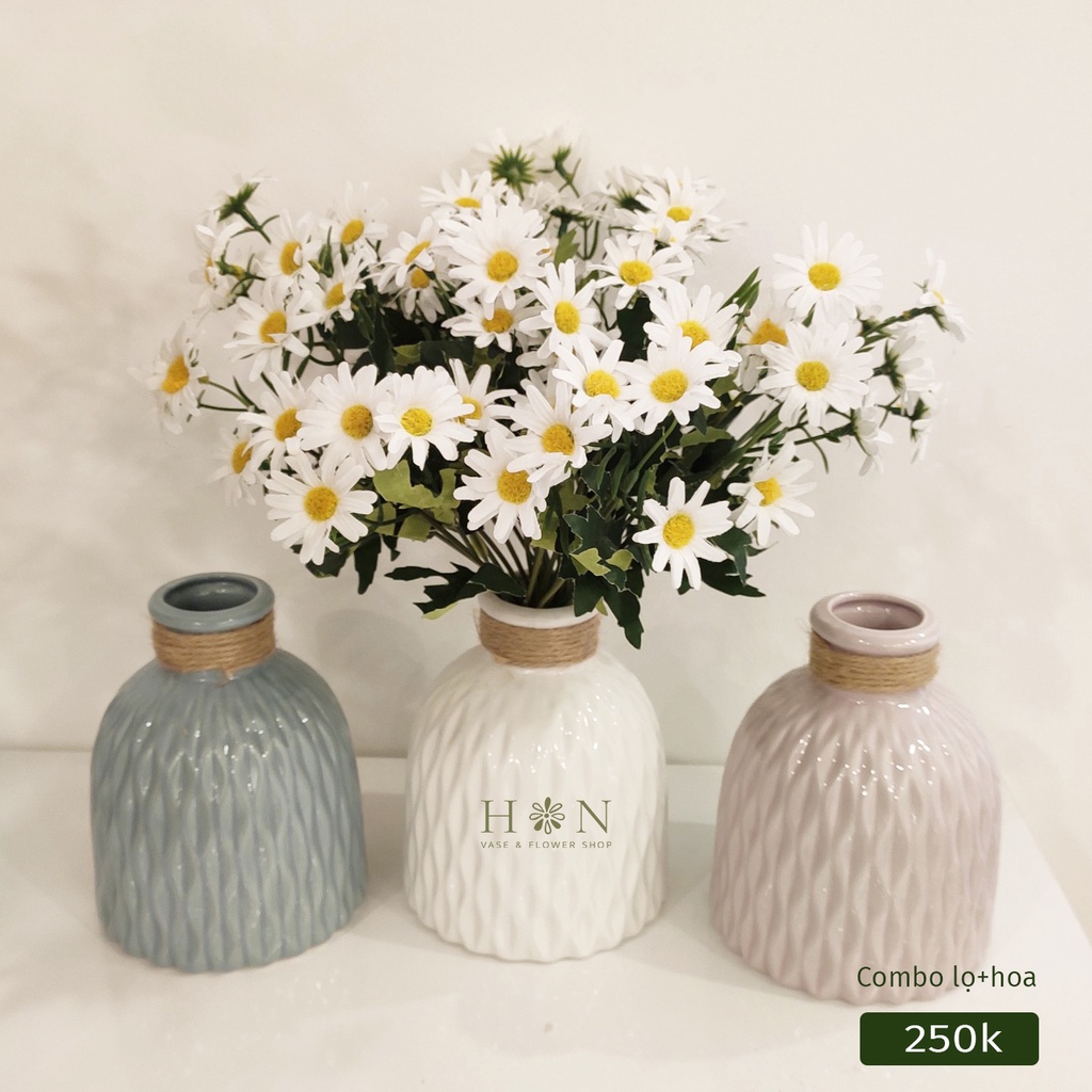 Hoa giả, hoa lụa - Combo bình + hoa cúc họa mi giả trang trí, cao 35cm - Han decor