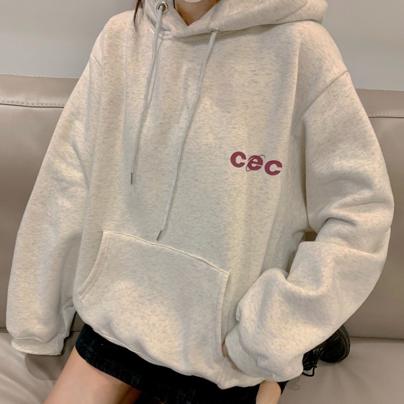 Áo hoodie tay dài dáng rộng in họa tiết chữ phong cách Hàn Quốc cho nữ