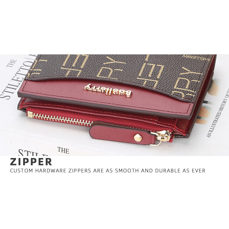 Baellerry Ví Da Ngắn Có Khóa Kéo Hai Màu In Chữ Thời Trang Cho Nữ