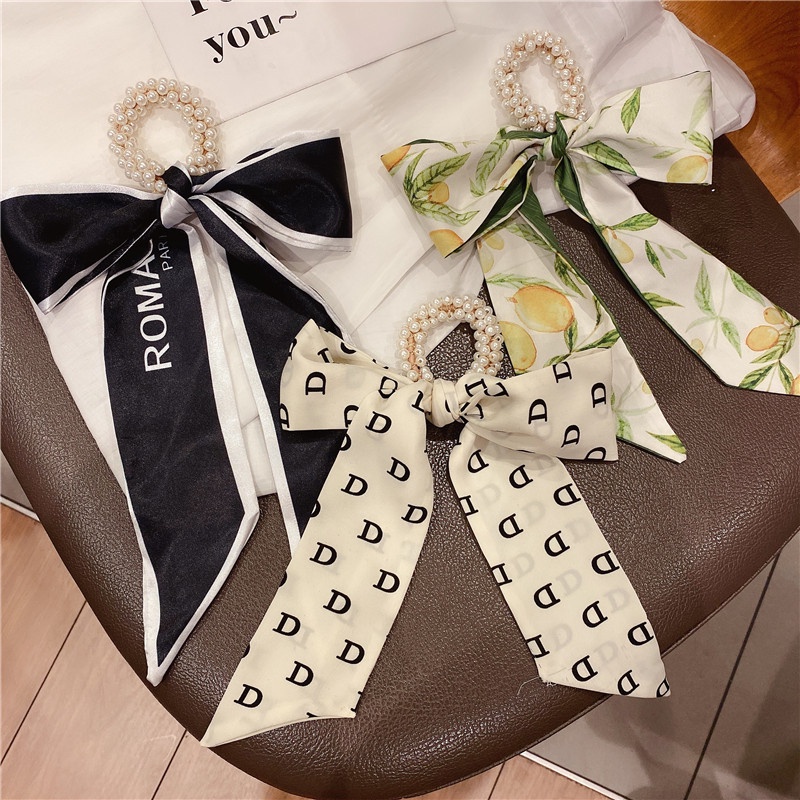 Korean Color Prints Pearl Bows Women's Hairbands Long Pattern Silk Scarves Print Hair Bands Hair ties Elegant temperament Girls hair ties