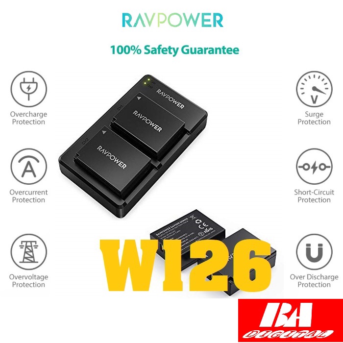 Bộ 2 pin+1 sạc Fujifilm NP-W126S Ravpower dùng cho máy ảnh Fujifilm FinePix, X-A5, X-H1, X-A10, X100F, X-T10, X-T20...