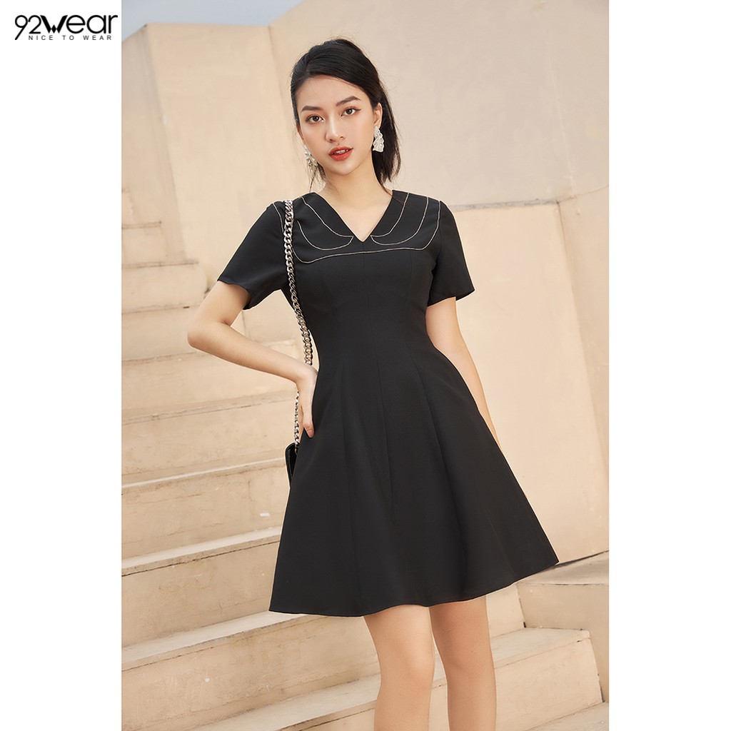 Đầm váy nữ công sở 92WEAR (2 MÀU) đủ size, dáng xòe chàn chỉ cổ DEW0891