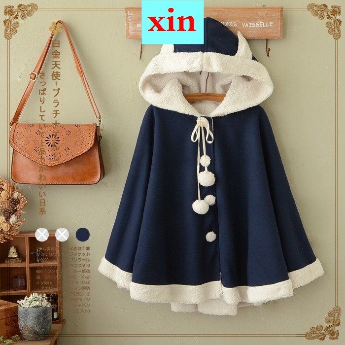 Áo choàng len cánh dơi dáng rộng có mũ trùm kiểu Nhật Hàn dễ thương cho nữ sinh